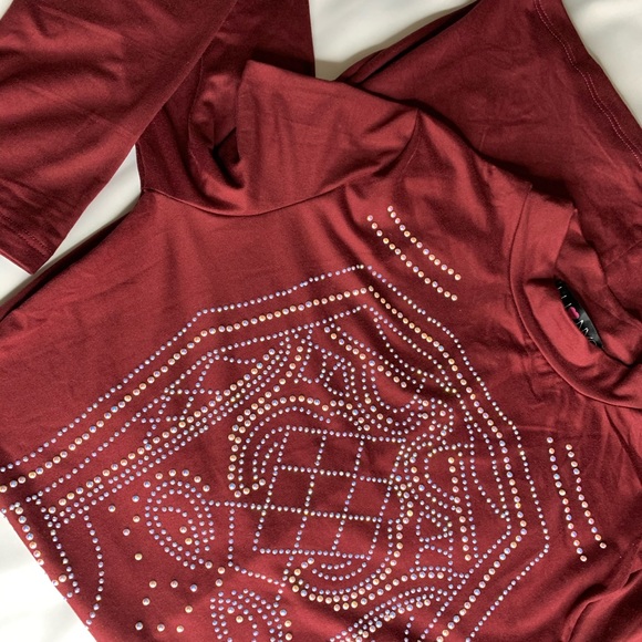 Burgundy Rhinestone Studded Mock Neck Dress. - Picture 7 of 7